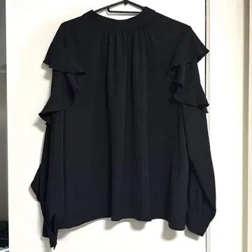 HARE 블랙 밴드 카라 백 오픈 프릴 긴팔 셔츠