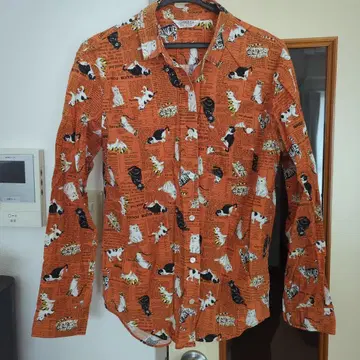 VINTAGE E.L. 고양이 패턴 오렌지 긴팔 셔츠