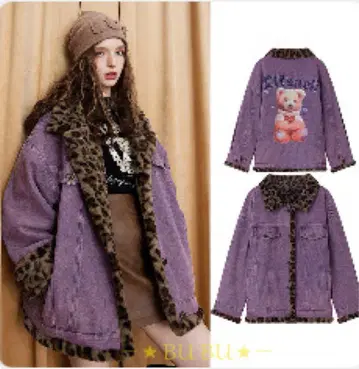 ELF SACK 퍼플 데님 원단 자켓. 복슬복슬한 안감. 곰 백 프린트