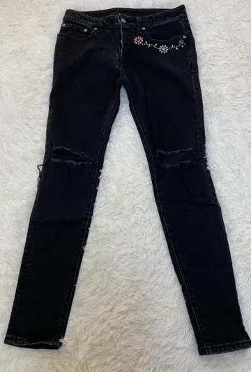 AKM 남성용 블랙 스키니진 자수 장식 데님 S 사이즈 블랙