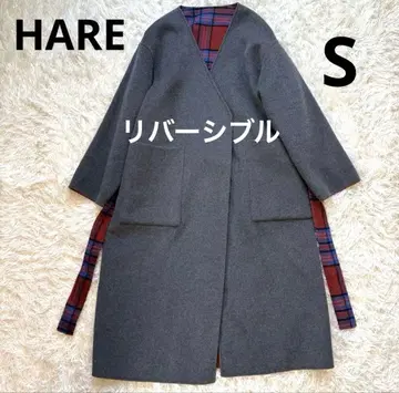 HARE 리버서블 롱 코트 빨간색 계열 체크와 무지 S 사이즈