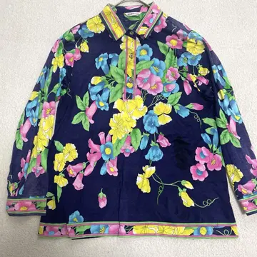 Oh Kwang 꽃무늬 코튼 셔츠 네이비 계열 긴팔 90s 빈티지 L