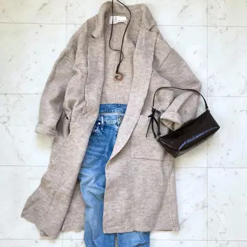 윔 가젯 울 롱 가디건 가운 베이지