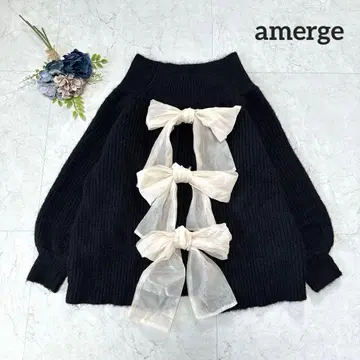 새상품급 amerge 아멜쥬 백리본 빅 니트 블랙 샤기