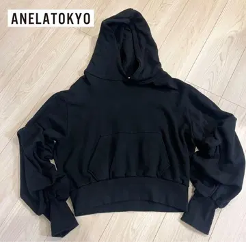 ANELA TOKYO 아네라 도쿄/소매 개더 숏 후드티 블랙