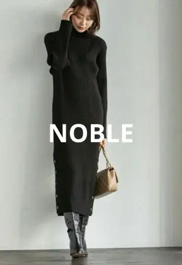 Noble 바이컬러 리브 니트 사이드 버튼 원피스 니트 원피스 워셔블