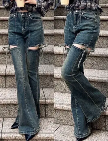 리젝시 컷 아웃 리본 데님 팬츠