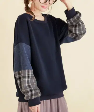 오샤레 워커 속기모 체크 소매 맨투맨