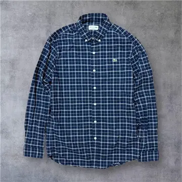 라코스테 BD 셔츠 남성용 M 네이비 체크 긴팔 와니 로고