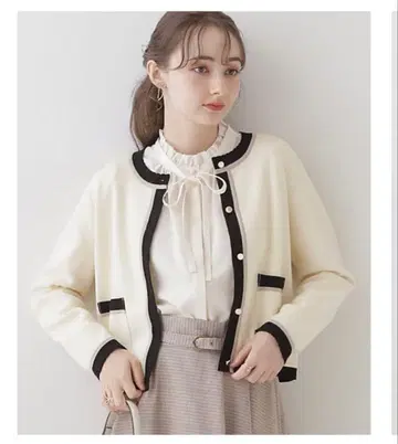 쿠튀르 브로치 배색 스칼라 니트 자켓 가디건