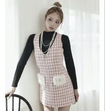 Darich 프론트 지퍼 트위드 미니 원피스