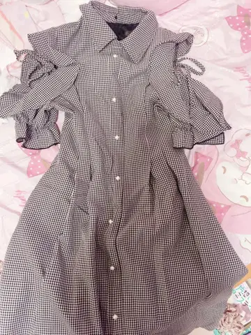 evelyn 오픈 숄더 원피스 깅엄 체크