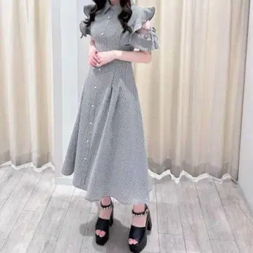 evelyn 오픈 숄더 원피스 깅엄 체크