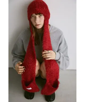 un/neu 믹스 니트 라메 몬스터 비니 빨간색 후드 부착 머플러