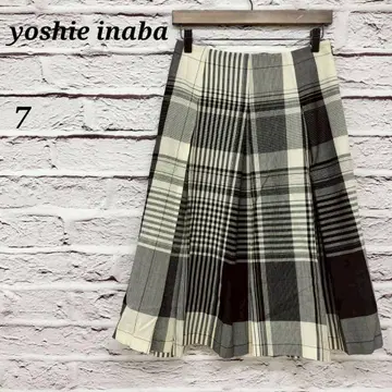요시에 이나바 7 울 턱 플리츠 스커트 체크 일본제 아이보리 x 블랙