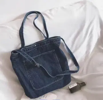 데님 토트백 앞 포켓 부착
