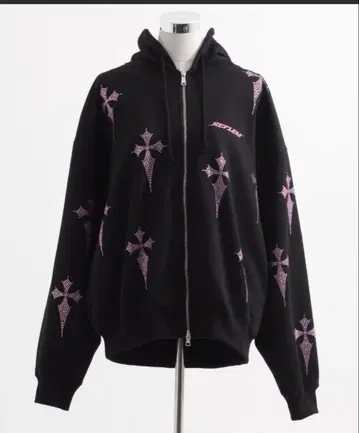 [ REFLEM ] 크로스 올 패턴 큐빅 ZIP 후드티/블랙 x 핑크