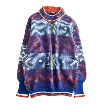 도톰 울 혼방/일본제 80s DOMON 올 패턴 니트 스웨터 L XL