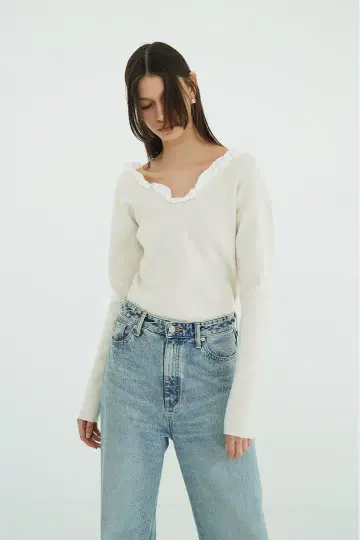 clane FRILL V NECK KNIT TOPS ivory