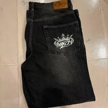 9090 블랙 와이드 레그 데님 L