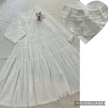 핑크하우스 티어드 원피스 긴팔 옷깃 레이스 로즈 장미 피코프릴