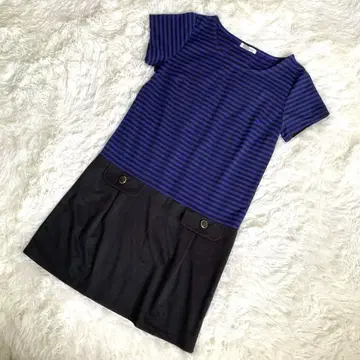 HERE'S 히어즈 보더 절개 반팔 원피스 파랑 블랙 바이컬러 L