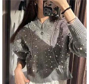 [ 새상품급 ] Fengbaibuke 그레이 펄 장식 집업 스웨터