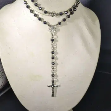 헤마타이트 비즈 십자가 로사리오 목걸이 약 56 cm