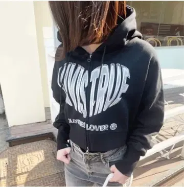 LUV IS TRUE 더블 지퍼 크롭 후드티 블랙