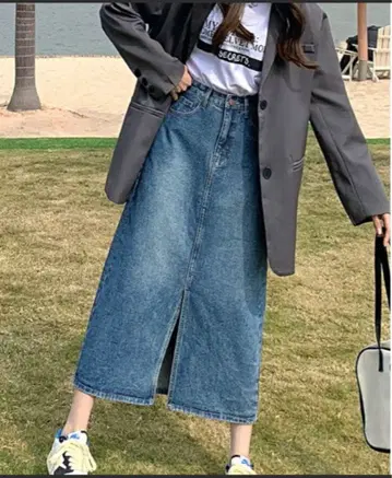 WEGO 센터 슬릿 데님 타이트 미들 기장 스커트
