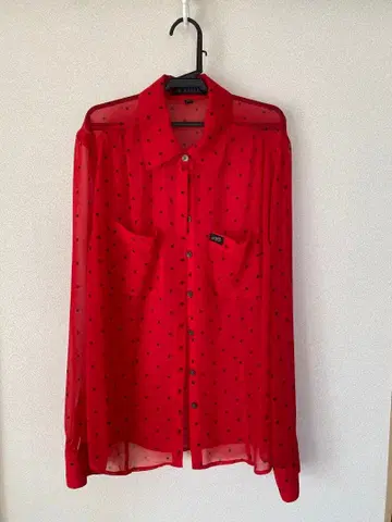 GUESS 빨간색 도트 무늬 시스루 셔츠