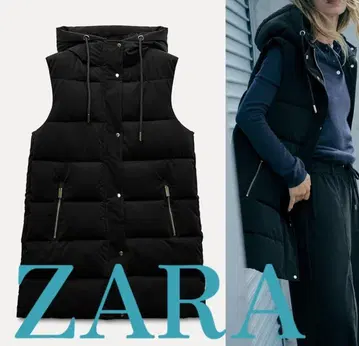 자라 다운 베스트 롱 후드 더블 지퍼 코트 블랙