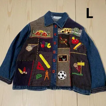 스포츠 학교 문구 버스 자수 절개 크레이지 패턴 데님 자켓