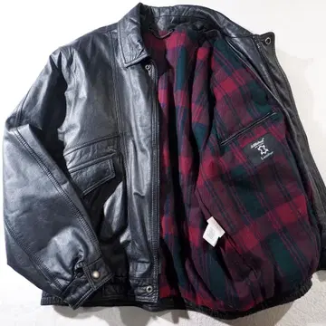 St michael 가죽 자켓 천연 가죽 블루종 안감 체크 M