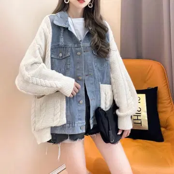 새상품급 한국 디자인 G 데님 자켓 니트 절개 이소재 레이어드