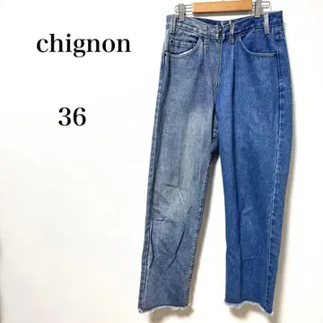 시뇽 데님 좌우 원단 다름 밑단 데미지 가공 라이트 블루 36