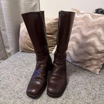 브라운 롱 부츠 중간 힐 일본제 가죽제품