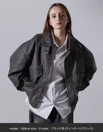 CLEL 빈티지 디자인 인조 가죽 블루종 블랙 계열 빈티지 블랙 M