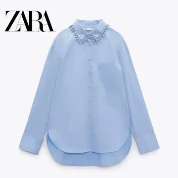 ZARA 자라 비쥬 부착 포플린 셔츠 블루 S