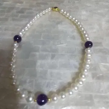 진주와 보라색 돌 목걸이 약 40cm