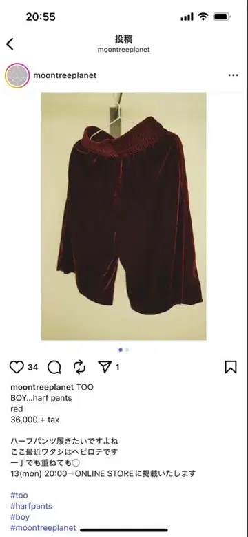 moon tree planet TOO 하프 벨로아 팬츠 빨간색