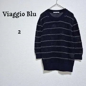 비아지오 블루 메쉬 니트 스트라이프 네이비 스트라이프 7부 소매 M