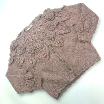 카네코 이사오 더스티 핑크 꽃 모티브 사용 가슴 요크 니트 가디건