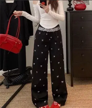 프릴 허리 리본 무늬 와이드 팬츠