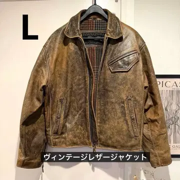 빈티지 가죽 자켓 브라운 안감 체크