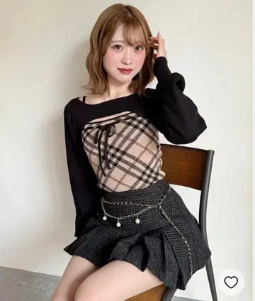 NOMAE 체크 리본 숏 레이어드 니트 베이지