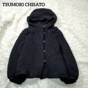 츠모리치사토 니트 코트 안감 플리스 후드 알파카 혼방 헤링본