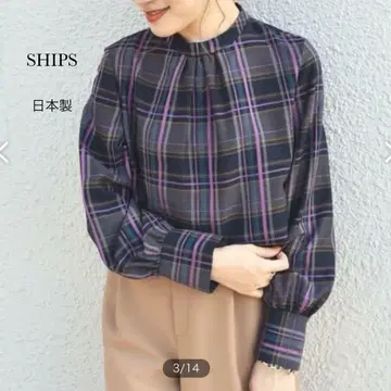 SHIPS 하이넥 체크 개더 블라우스