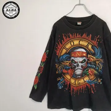 T셔츠 해골 스컬 장미 90s 빈티지 밴드 락 블랙 L