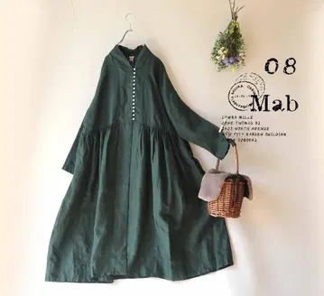 새상품 할인 08Mab 그린*다 버튼 개더 앞 버튼 원피스 린넨 1054